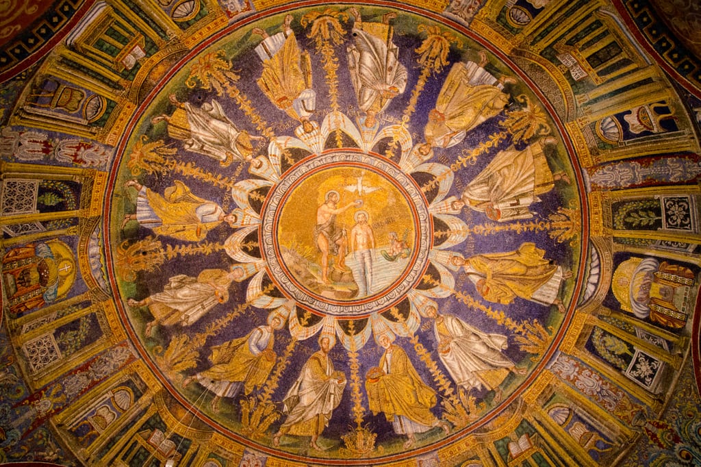 The mosaics of Ravenna, the ceiling of a dome, covered with mosaic scenes from Jesus's life.