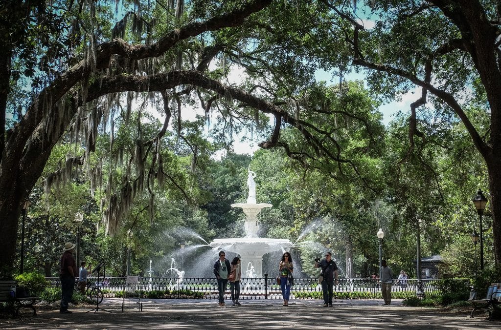 The fountain in Forsyth Park, Savannah, surrounded by oak trees