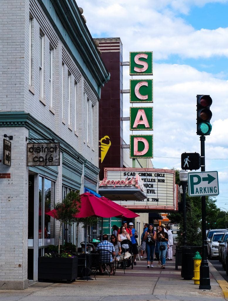 Savannah's main theater on the street, with big letters reading SCAD