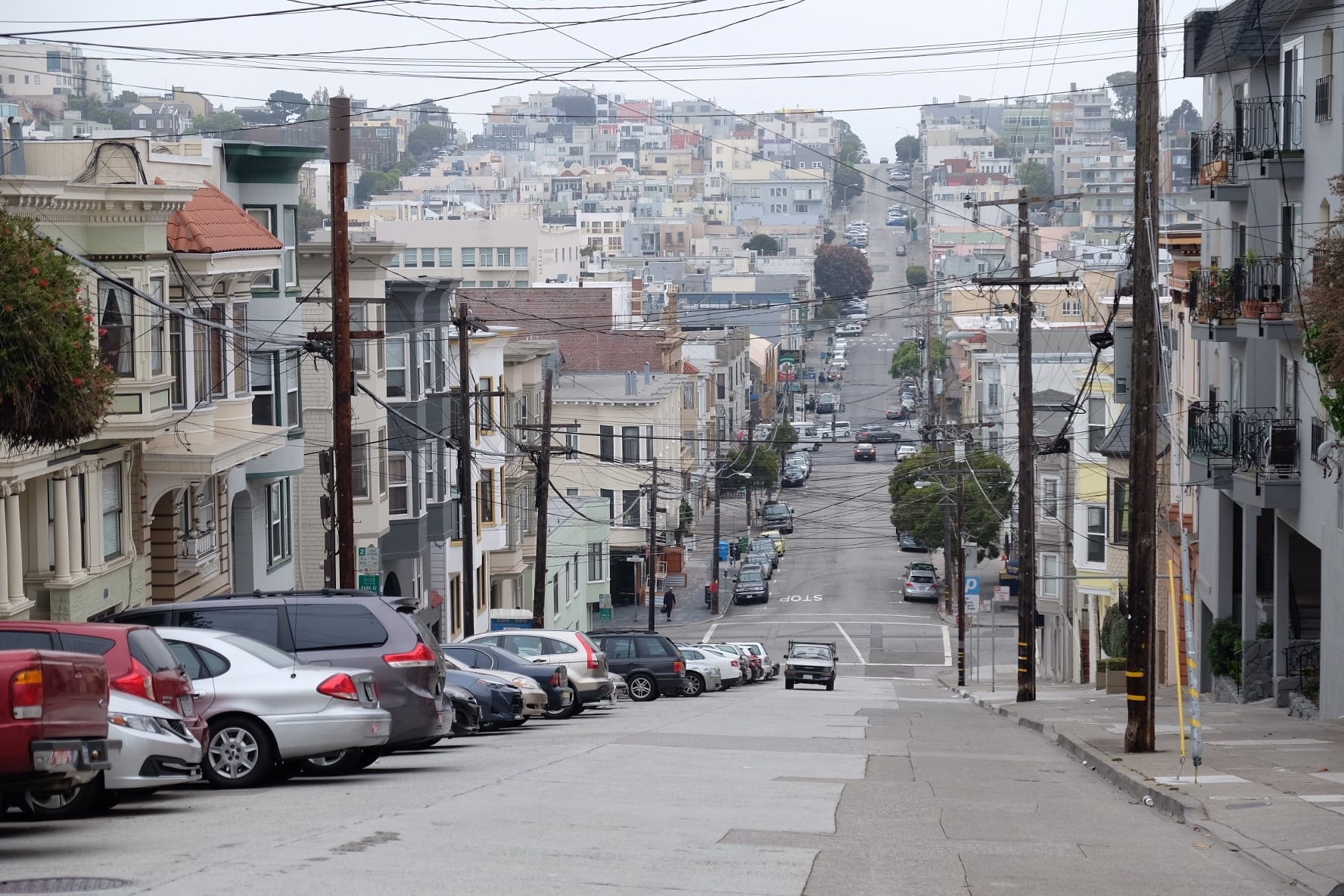Gray morning in Russian hill, San Francisco, houses descending down steep hills in San Francisco.