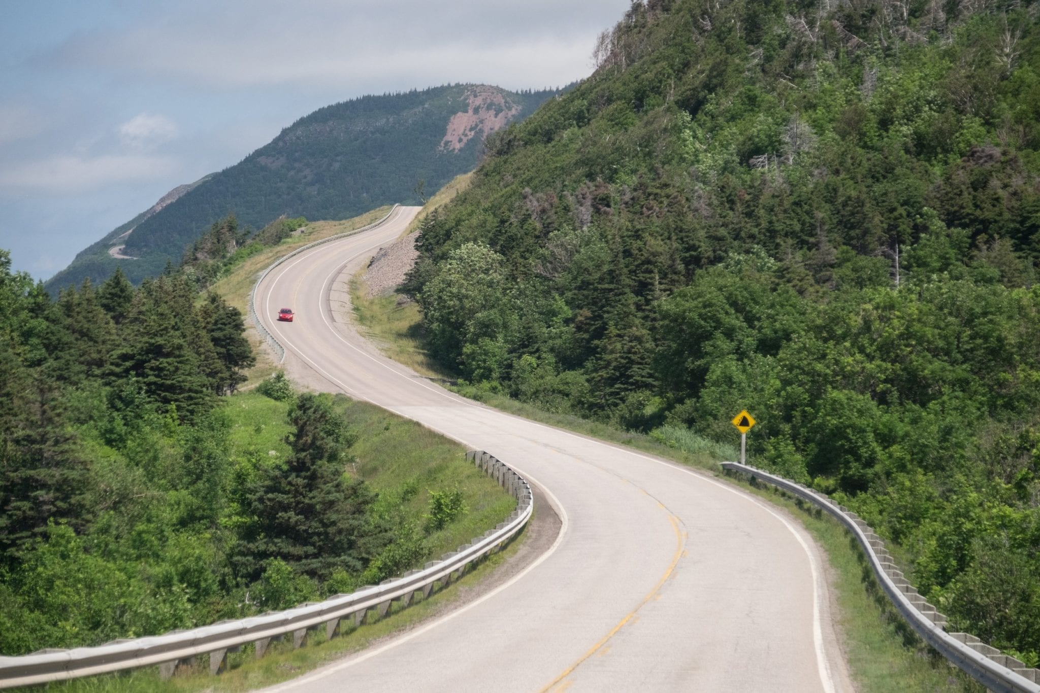 A curvy road surrounded by forest in Cape Breton, Nova Scotia.