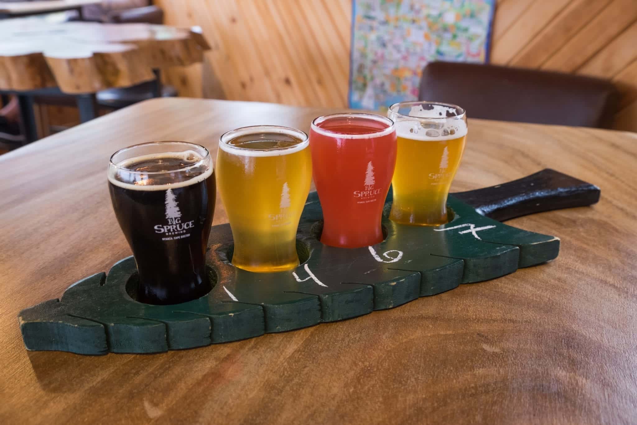 A spruce tree-shaped beer tray holding four small glasses of different beers.