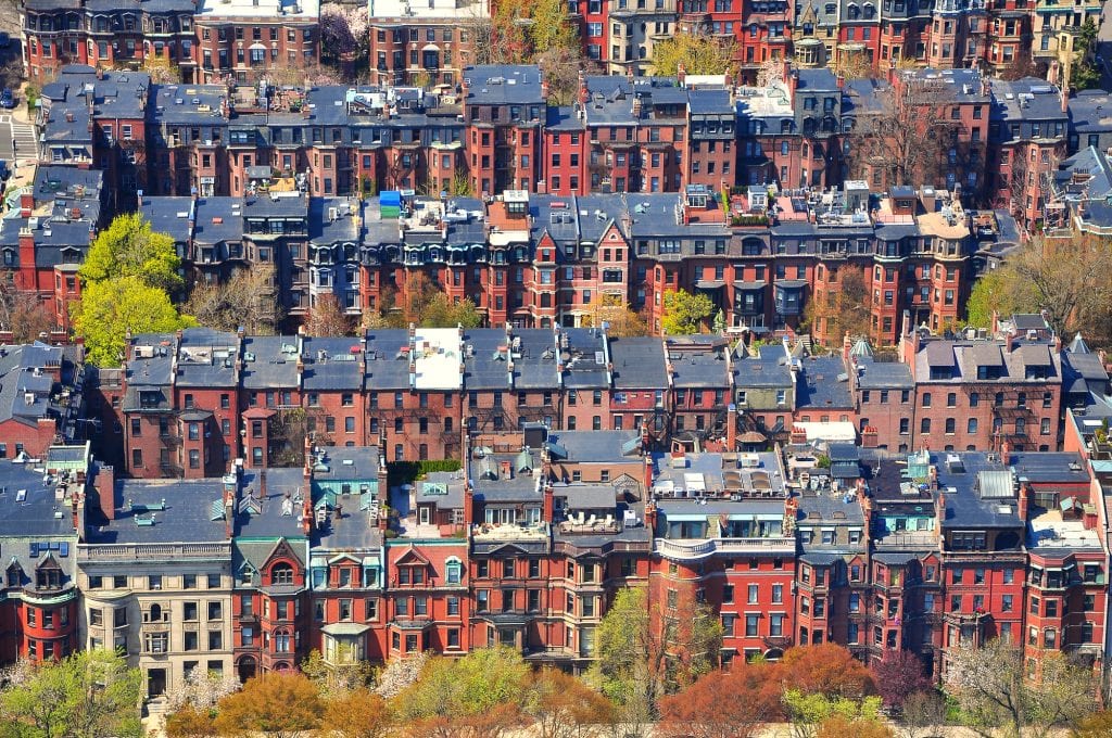 Rows and rows of brownstones in Back Bay shot from the air.