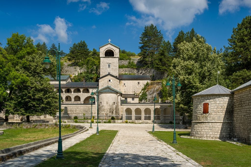 The monastery of Cetinje with its tall bell tower.